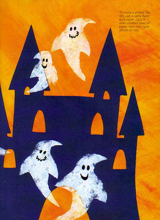 To make a picture like this, cut a castle from dark paper. Glue it onto another piece of paper, then print your ghosts on top.